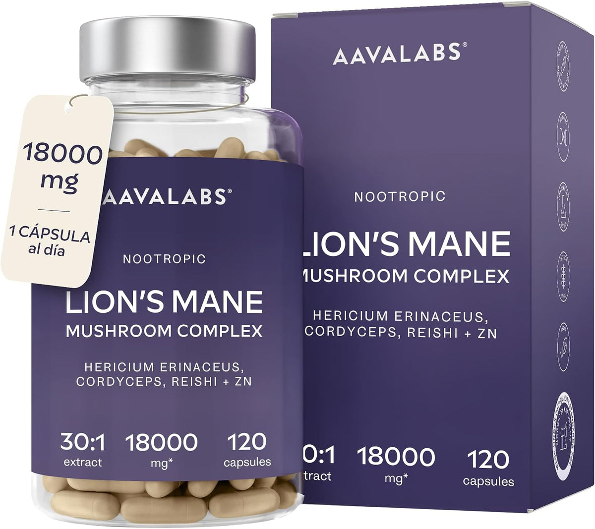 Melena De Leon 18,000Mg (30:1) + Zinc, Reishi & Cordyceps - Alta Potencia Lions Mane Mushroom Pastillas -120 Melena De Leon Capsulas - Nootropicos