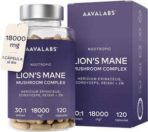 Melena De Leon 18,000Mg (30:1) + Zinc, Reishi & Cordyceps - Alta Potencia Lions Mane Mushroom Pastillas -120 Melena De Leon Capsulas - Nootropicos
