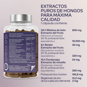 Melena De Leon 18,000Mg (30:1) + Zinc, Reishi & Cordyceps - Alta Potencia Lions Mane Mushroom Pastillas -120 Melena De Leon Capsulas - Nootropicos