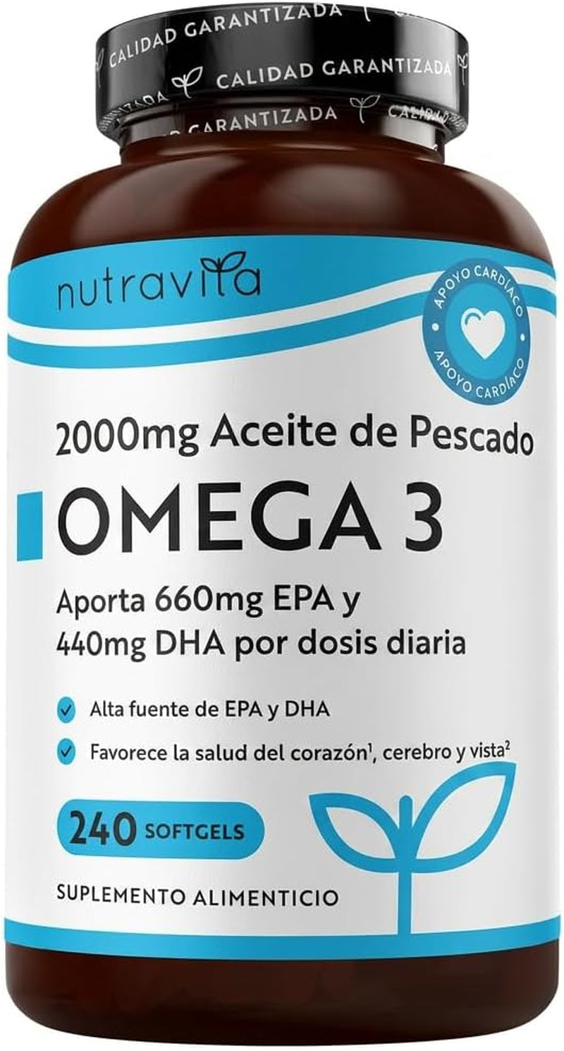 Nutravita Omega 3 2000Mg - Con 660Mg EPA Y 440Mg DHA - 240 Cápsulas Blandas (8 Meses) - Para Corazòn, Función Cerebral & Visiòn (EFSA) Omega 3 Capsulas - Omega3 Suplementos Para Hombres & Mujeres